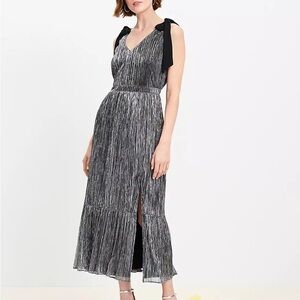 NWT LOFT Metallic Silver Pleated Midi Party Cocktail Dress, Midi Maxi V-Neck